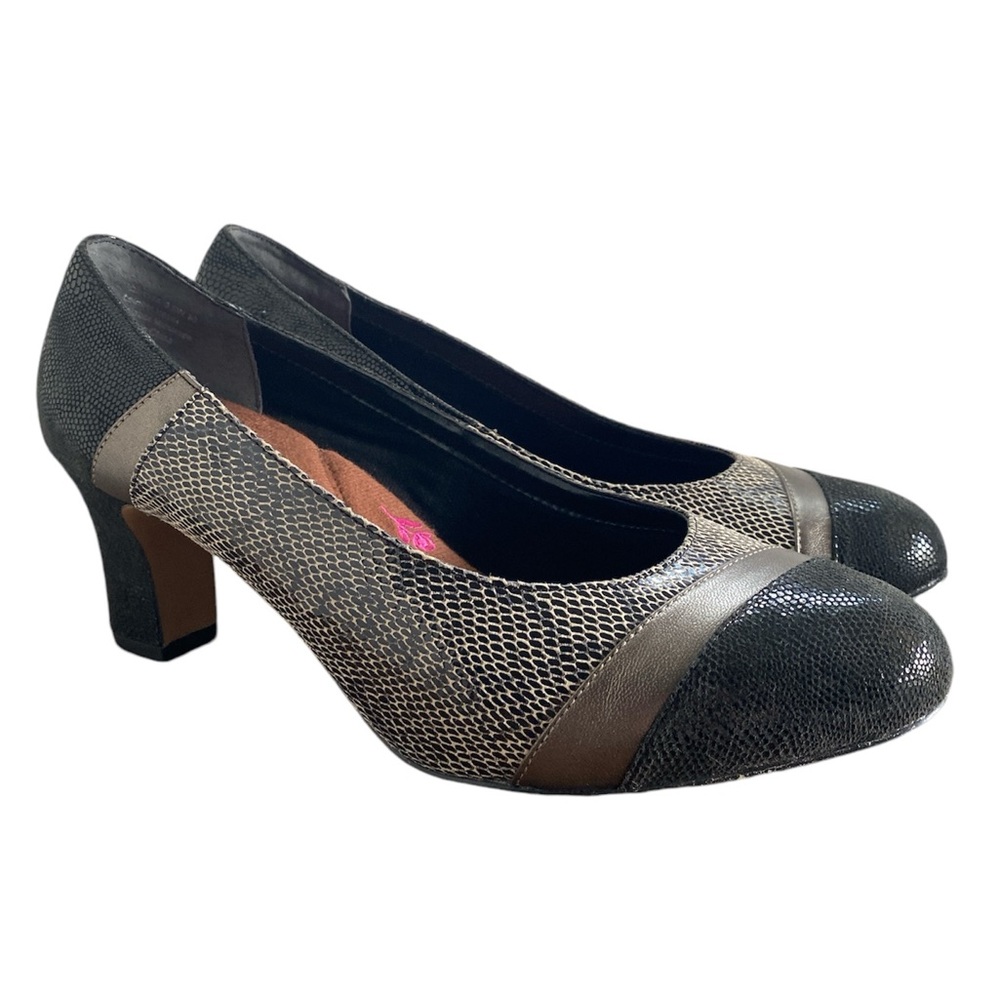 Ros Hommerson Vanessa Leather Snakeskin Black & Bronze Heels, Women’s 9.5W